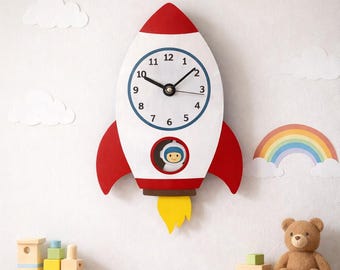 Rocket Wall Clock for Kids – Personalised Wooden Space Clock, Nursery Room Decor, Birthday Gift for Boys and Girls