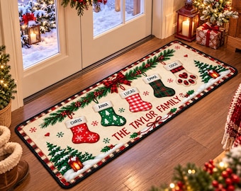 パーソナライズされたクリスマスファミリーランナーラグ、カスタムホリデー廊下カーペット、パーソナライズされたクリスマスラグ、カスタムストッキングラグ、クリスマスホームデコレーション