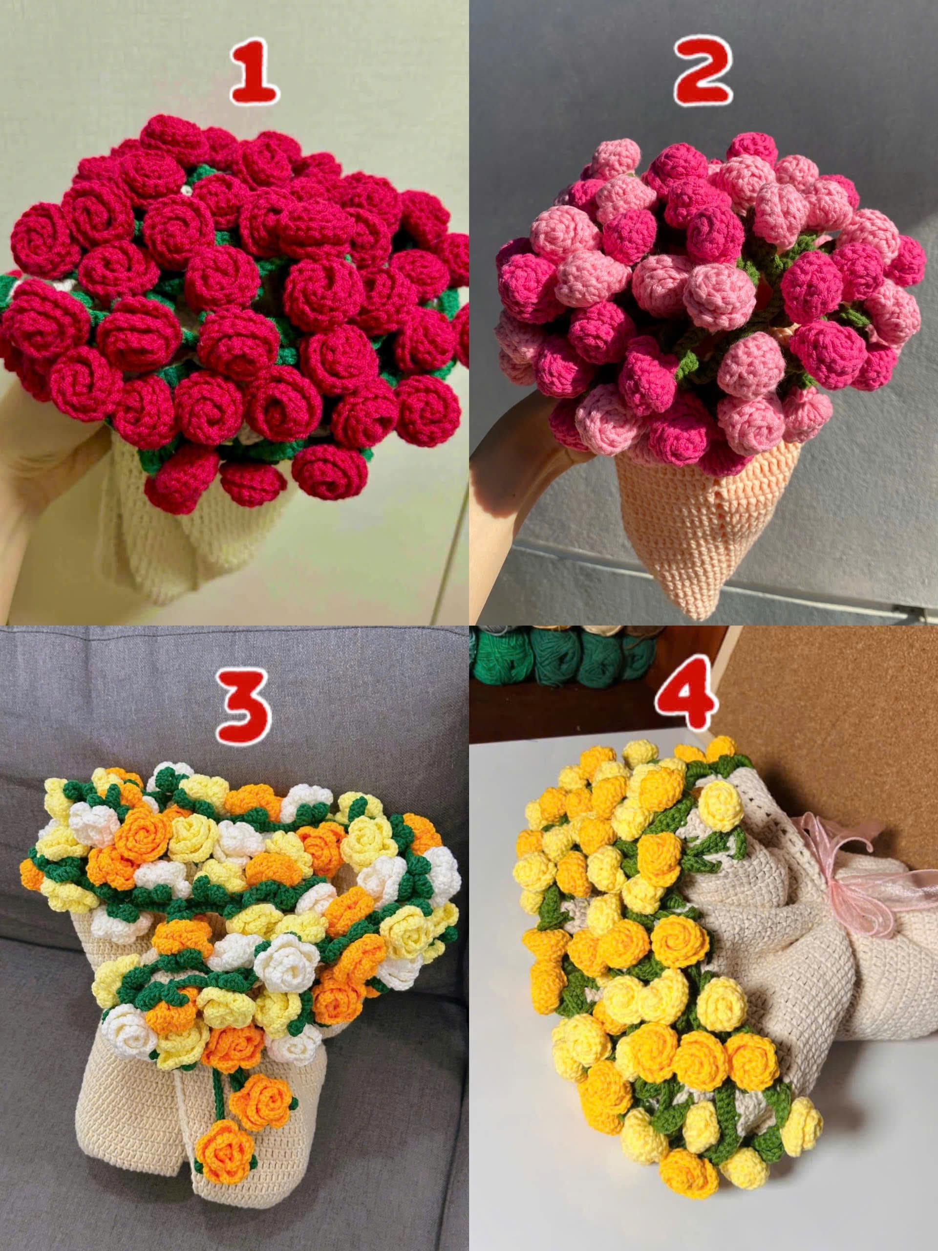 ハンドメイド編み物　花束ブランケット　フラワーブランケット　チューリップ　ピンク かぎ針編みの花束ブランケット、手作りのかぎ針編みのチューリップ