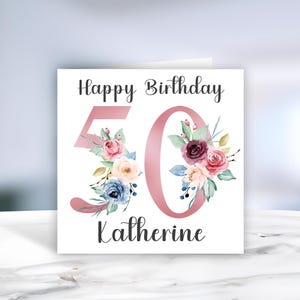 50e anniversaire floral carte d'anniversaire - carte de voeux personnalisée âgée - carte d'anniversaire pour homme et femme - carte de joyeux anniversaire