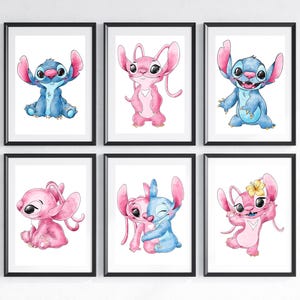 STITCH AND ANGEL Set of 6 Prints - Disney Stitch Art set - Lilo and Stitch Artwork - Disney Stitch Fandom Artwork Prints - Angel Wall Art
