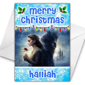 Gepersonaliseerde kerstkaart BEAUTY AND The BeAST - Disney-kerstkaart - Beauty & The Beast Gepersonaliseerde wenskaart - Belle Xmas- D3