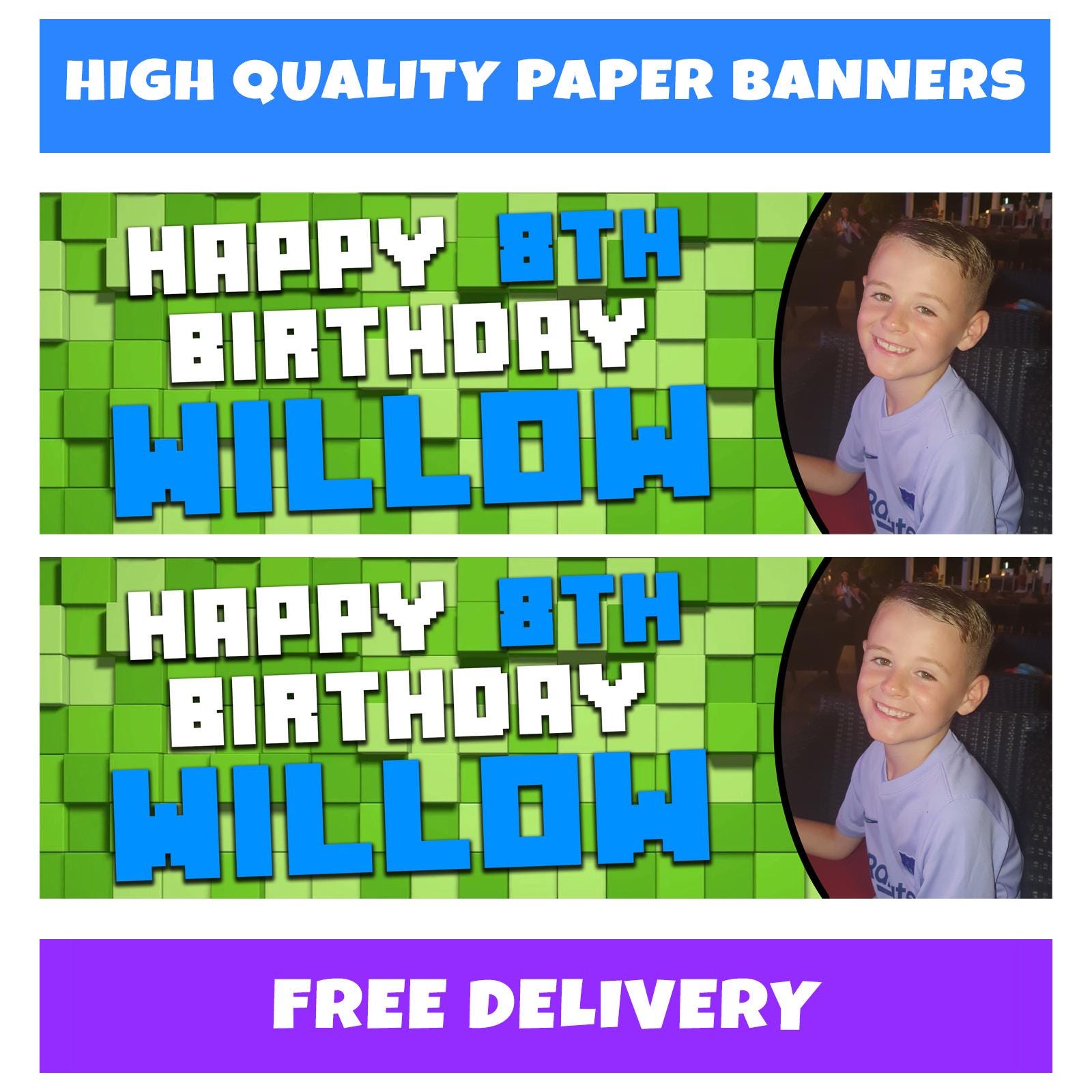 MINECRAFT THEMED Personalised Birthday Photo Banners - Gaming Block Game Birthday Banners - Pixel Birthday Banners - Mining Crafting Banners