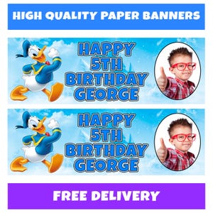 Banners fotográficos personalizados de cumpleaños del PATO DONALD - Banners de cumpleaños del Pato Donald - Banner de cumpleaños de Disney - Mickey Mouse Minnie Mouse Goofy x2