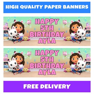 GABBY Personalised Birthday Banners - Dollhouse Personalised Birthday Banners - Dollhouse Birthday Banners - Gabby Birthday Party Banners D2