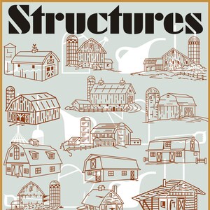May include: A collection of 12 black and white line drawings of various structures, including barns, houses, and sheds. The word "Structures" is written in bold black letters at the top of the image.