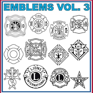 May include: A collection of black and white emblems, including fire department badges, a Knights of Columbus emblem, a Lions International logo, and a five-pointed star. The text "EMBLEMS VOL. 3" is at the top.