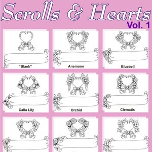 May include: Nine black and white printable designs featuring a heart with a scroll and floral accents. Each design is labeled with a flower name: "Blank", Anemone, Bluebell, Calla Lily, Orchid, Clematis, Daffodil, Daisy, and Dogwood. The designs are part of a collection called "Scrolls & Hearts Vol. 1".
