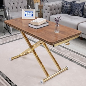 Modern Smart Coffee Table, Height Adjustable, Walnut  Color Coffee Table with Gold Base, Multi-Purpose Foldable, 48W x 24D inches