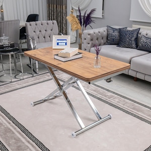 Modern Smart Coffee Table, Height Adjustable, Efes Pine Color, Chrome Base, Multi-Purpose Folding Coffee Table, 48W x 24D inches