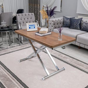 Modern Smart Coffee Table, Height Adjustable, Walnut Color, Chrome Base, Multi-Purpose Folding Coffee Table, 48W x 24D inches