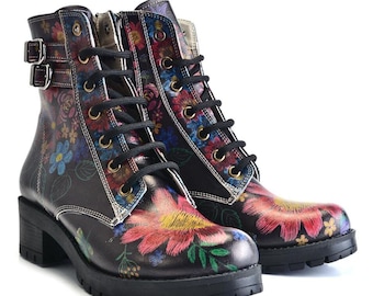 Bihamd, Colorful Printed Boots / Retro Women's Shoes, Handmade Multicolored Artistic Boots, Birthday Gift