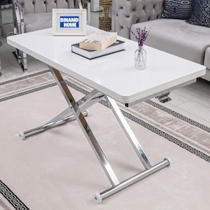 Modern Smart Coffee Table, Height Adjustable, White Color, Chrome Base, Multi-Purpose Folding Coffee Table, 48W x 24D inches