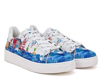 ハンドメイドのマルチカラープリントスニーカー、整形外科用ソール