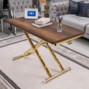 Modern Smart Coffee Table, Height Adjustable, Walnut Brown Color Coffee Table with Gold Base, Multi-Purpose Foldable, 48W x 24D inches