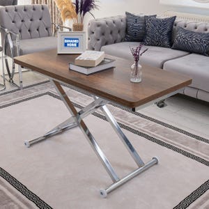 Modern Smart Coffee Table, Height Adjustable, Baroque Walnut Color, Chrome Base, Multi-Purpose Folding Coffee Table, 48W x 24D inches