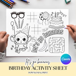 Let’s Go Bananas Birthday Activity Sheet | Jungle Monkey Party | Canva Editable Birthday | Monkey Theme Birthday Printable