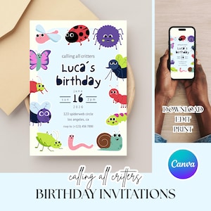 May include: A light blue birthday invitation with colorful cartoon insects and the text "Luca's birthday". The invitation includes the date, time, and location. A phone displays the same design. The words "calling all critters" and "birthday invitations" are also present.