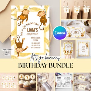 Paquete de cumpleaños Let's Go Bananas / Decoración de fiesta de monos de la jungla / Set de cumpleaños editable en Canva / Imprimible de cumpleaños con temática de monos