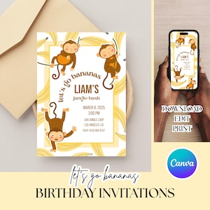 Invitación de cumpleaños "Let's Go Bananas" / Fiesta de monos de la jungla / Invitación de cumpleaños editable de Canva / Cumpleaños con temática de monos imprimible