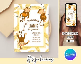 Verjaardagsuitnodiging Let's Go Bananas | Jungle Monkey-feestje | Bewerkbare canvasverjaardagsuitnodiging | Afdrukbare verjaardag aapthema
