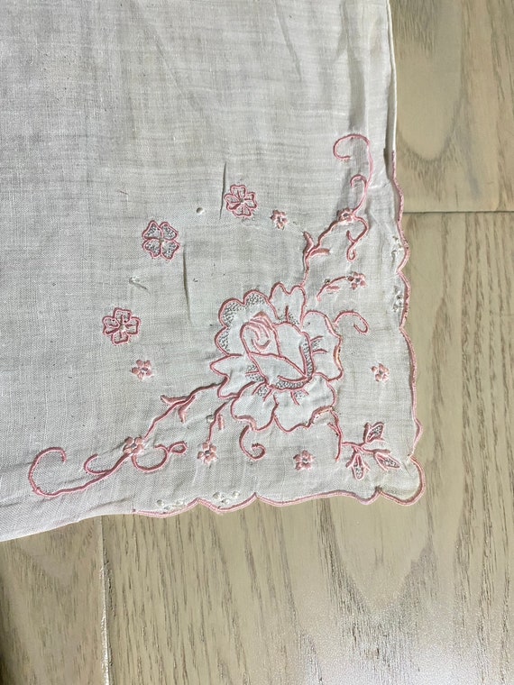 Vintage Linen Pink Floral Embroidered Handkerchief - image 3
