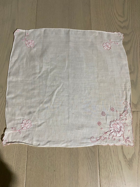 Vintage Linen Pink Floral Embroidered Handkerchief - image 2
