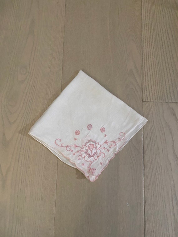 Vintage Linen Pink Floral Embroidered Handkerchief - image 1