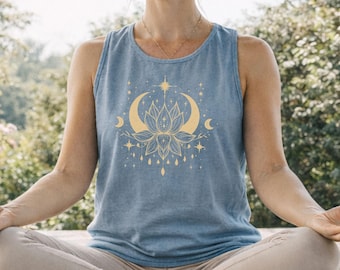 Débardeur de yoga lotus céleste, chemise phase de lune, couleurs confort 9360, débardeur bohème spirituel, haut de méditation, cadeau pour amateur de yoga, vêtements de yoga