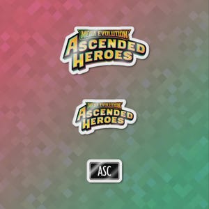 Peut inclure: Trois autocollants avec le texte "MEGA EVOLUTION ASCENDED HEROES" dans une police pixelisée colorée. Les autocollants sont blancs avec un bord noir. Un petit autocollant noir et blanc avec les lettres "ASC" est en bas.