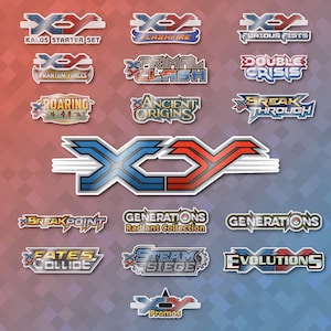 May include: A selection of stickers with the "XY" logo and text labels such as "Kalos Starter Set", "Flashfire", "Furious Fists", "Phantom Forces", "Primal Clash", and others. The stickers are set against a gradient background.