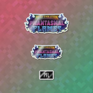 May include: Three stickers with a gradient background. Two stickers feature the text "MEGA EVOLUTION PHANTASMAL FLAMES" in a stylized font with flame-like accents. The third sticker is a black rectangle with the letters "PFL" in white.