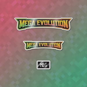 May include: Three stickers with the text "MEGA EVOLUTION" and "MEG". The top two stickers are arched, with a gradient of colors from green to yellow to orange. The bottom sticker is rectangular with white text on a black background.