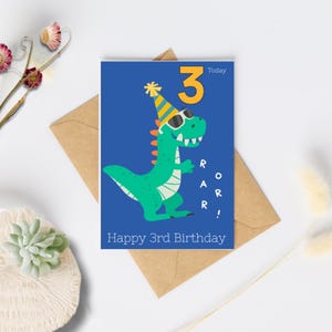 3e carte d'anniversaire de dinosaure avec carte d'anniversaire de dinosaure personnalisée avec enveloppe blanche, kraft ou colorée