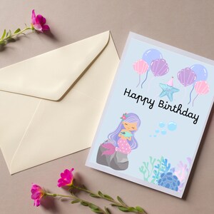 Tarjeta de cumpleaños genérica de sirena con sobre blanco, kraft o de color