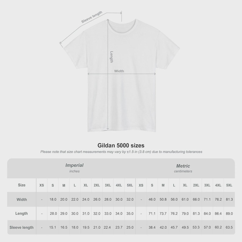 Puede incluir: Camiseta blanca Gildan 5000 con tabla de tallas. La tabla muestra medidas en pulgadas y cent&iacute;metros para ancho, largo y largo de manga. Las medidas van de XS a 5XL. El ancho var&iacute;a de 46,0 a 81,3 cm.