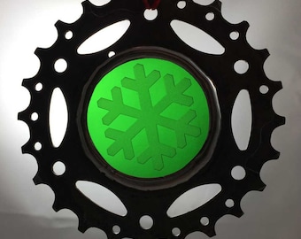 Upcycled bicycle cog and stained glass Christmas ornament