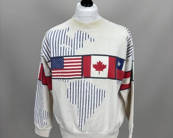 Vintage herensweater met vlag van meerdere landen, maat M Kleur wit