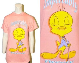 Vintage 1990's Tweety Bird T-Shirt "Impeccably Tweety" Looney Tunes Tshirt Peach Tee Shirt Soft Thin 1997 Cartoon Short Sleeve TH04 BV025