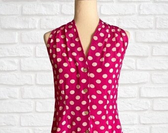 Vintage 1990's Hot Pink White Polka Dot Sleeveless Button Down Top Blouse Tank Size Small V-Neck