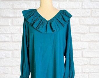 Vintage Teal Turquoise Ruffle Collar Long Sleeve Blouse Poet Shirt Size Large  1980's Peter Popovich Statement Collar Top