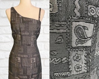 Vintage 1990's Asymmetrical Sleeveless Dress Grey Silver Pattern Mini Sheath Size 6 Sexy Geometric Paisley Retro