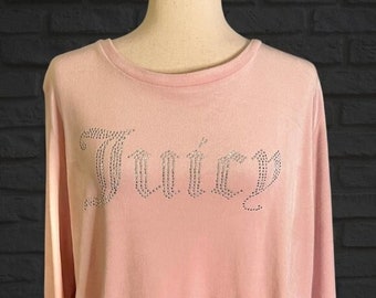 Vintage 2000's Juicy Couture Bedazzled Pullover Sweatshirt Light Pink Velour Size XL Silver Gems "Juicy" Y2K