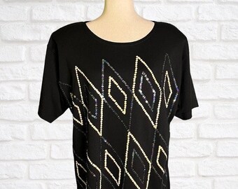 Vintage 1990's Short Sleeve Sequin Black T-Shirt Diamond Pattern Size XL Shoulder Pads Oleg Cassini