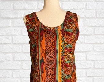 Vintage Orange Brown 1990's Patterned Tank Top Size Large Geometric Design Boho Retro