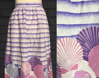 Vintage Handmade Seashell Midi Skirt Purple White Stripes A-Line Retro Lightweight Beach Vibes Coastal Grandma