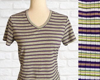 Vintage 1990's Ribbed V-Neck Striped T-Shirt Baby Tee Size Large No Boundaries Tshirt Purple Green White