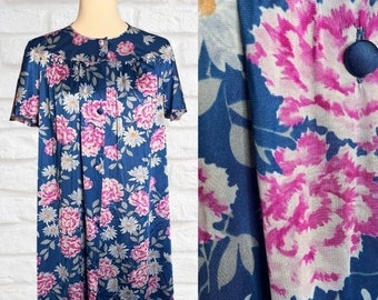 Vintage Vanity Fair Size 34 Nightgown Robe Blue Floral Nylon Short Sleeve House Coat Button Front Coverup Mumu Size 34