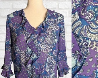 Vintage Late 1990's Early 2000's Purple Blue Paisley Poet Shirt Ruffle Collar V-Neck Size Small 3/4 Sleeves