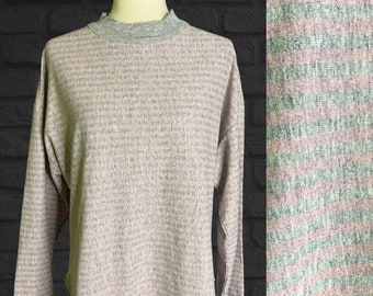 Vintage 1980's Long Sleeve Light Pink Gray Striped T-Shirt Mockneck Thick Pullover 80's Retro